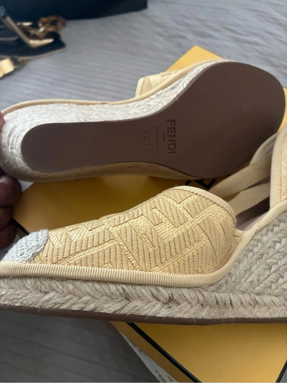 Authentic  Fendi  light  yellow  FF Logo Espadrille Wedge with Ankle Tie